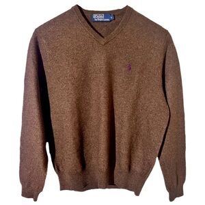 VTG Ralph Lauren Men’s 100% Wool Sweater Brown Pullover V Neck L Classic Preppy
